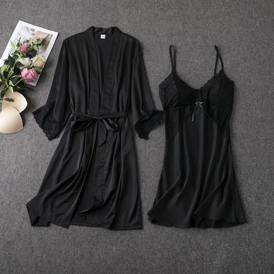 Komplet pidžama od 2 KOM Bijela ženska spavaćica s V-izrezom M-XL Čipkani kimono Seksi spavaćice Noćna odjeća s cvijetom Ogrtač Spavačica Spavaćica