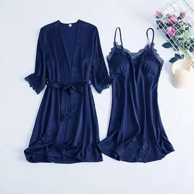 Komplet pidžama od 2 KOM Bijela ženska spavaćica s V-izrezom M-XL Čipkani kimono Seksi spavaćice Noćna odjeća s cvijetom Ogrtač Spavačica Spavaćica