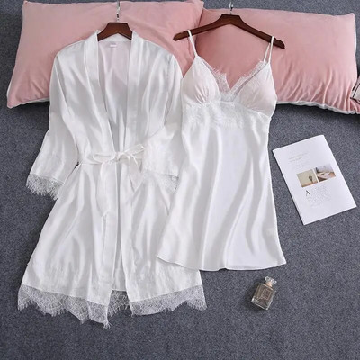 Komplet pidžama od 2 KOM Bijela ženska spavaćica s V-izrezom M-XL Čipkani kimono Seksi spavaćice Noćna odjeća s cvijetom Ogrtač Spavačica Spavaćica