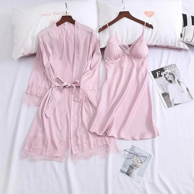 Komplet pidžama od 2 KOM Bijela ženska spavaćica s V-izrezom M-XL Čipkani kimono Seksi spavaćice Noćna odjeća s cvijetom Ogrtač Spavačica Spavaćica