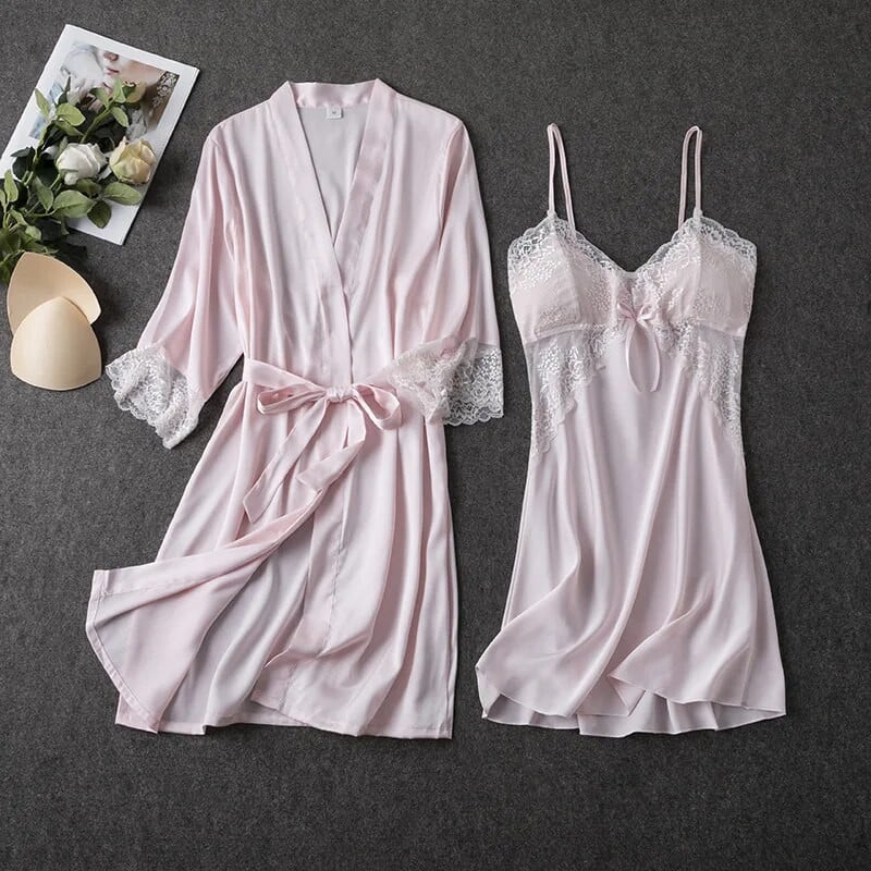 Komplet pidžama od 2 KOM Bijela ženska spavaćica s V-izrezom M-XL Čipkani kimono Seksi spavaćice Noćna odjeća s cvijetom Ogrtač Spavačica Spavaćica