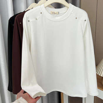 Μπλουζάκι 100 KG Early Spring Simple μονόχρωμο Rivet DE Velvet Fabric T-shirt Plus Size Γυναικεία ζεστά μπλουζάκια με λαιμόκοψη βασικά 2176