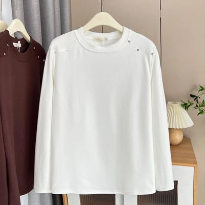 100 kg-os kora tavaszi egyszerű egyszínű szegecs DE bársony szövetből készült póló nagy méretű női meleg O-nyakú alap felsők 2176