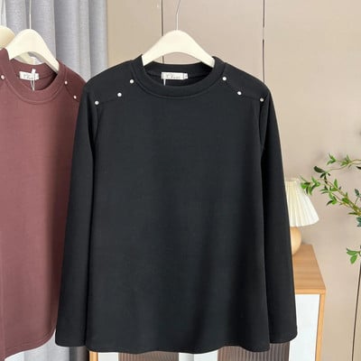 100 kg-os kora tavaszi egyszerű egyszínű szegecs DE bársony szövetből készült póló nagy méretű női meleg O-nyakú alap felsők 2176