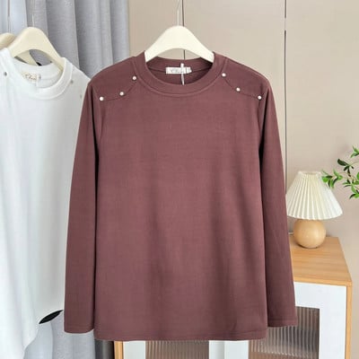 100 kg-os kora tavaszi egyszerű egyszínű szegecs DE bársony szövetből készült póló nagy méretű női meleg O-nyakú alap felsők 2176