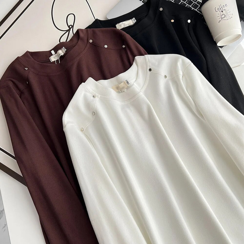 100 kg-os kora tavaszi egyszerű egyszínű szegecs DE bársony szövetből készült póló nagy méretű női meleg O-nyakú alap felsők 2176