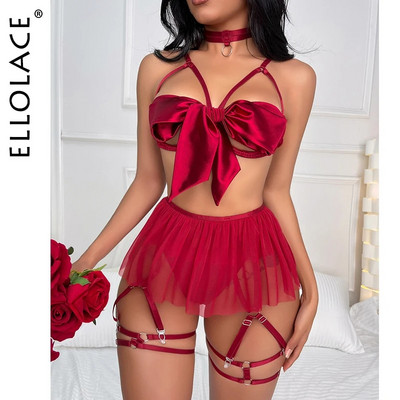 Ellolace Sensual Lingerie Bowknot Silk Underwear Отворен сутиен Valentine Erotic Brief Sets Fancy Thongs Sissy Sexy Below Outfit