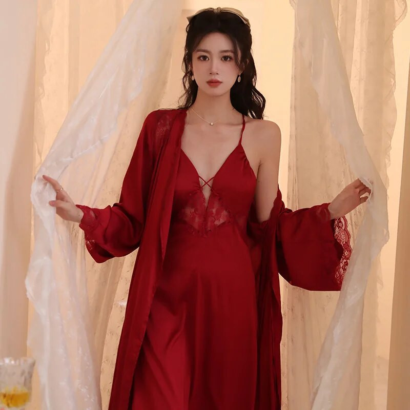 Γυναικείο Σετ Μπουρνούζι Γυναικεία Πυζόνια Νυχτικά Σέξι με βαθύ V λαιμόκοψη Νυχτικό 2 τμχ.