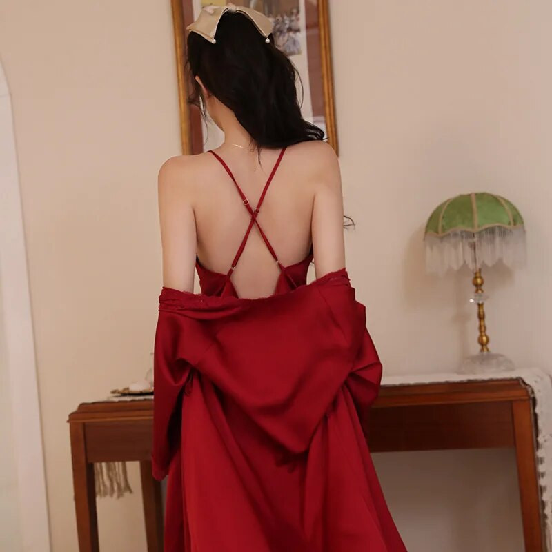 Γυναικείο Σετ Μπουρνούζι Γυναικεία Πυζόνια Νυχτικά Σέξι με βαθύ V λαιμόκοψη Νυχτικό 2 τμχ.