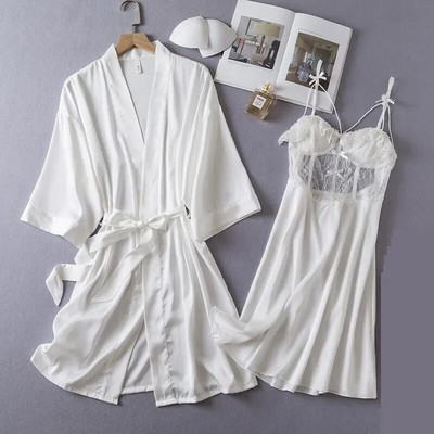 Női menyasszony 2 db Csipke köntös ruha szett Nappaliruha Kimonó Fürdőköpeny Hálóruha Hálóruha Nyári Új Hálóruha Hálóing Fehérnemű