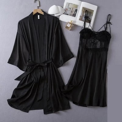 Női menyasszony 2 db Csipke köntös ruha szett Nappaliruha Kimonó Fürdőköpeny Hálóruha Hálóruha Nyári Új Hálóruha Hálóing Fehérnemű