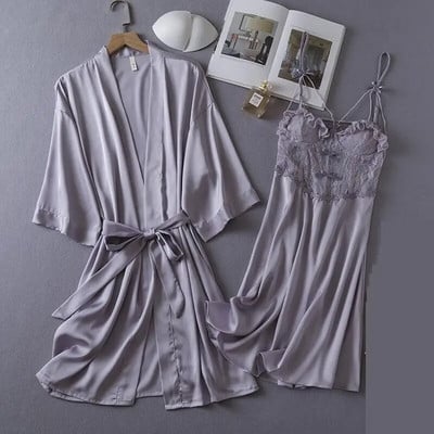 Női menyasszony 2 db Csipke köntös ruha szett Nappaliruha Kimonó Fürdőköpeny Hálóruha Hálóruha Nyári Új Hálóruha Hálóing Fehérnemű