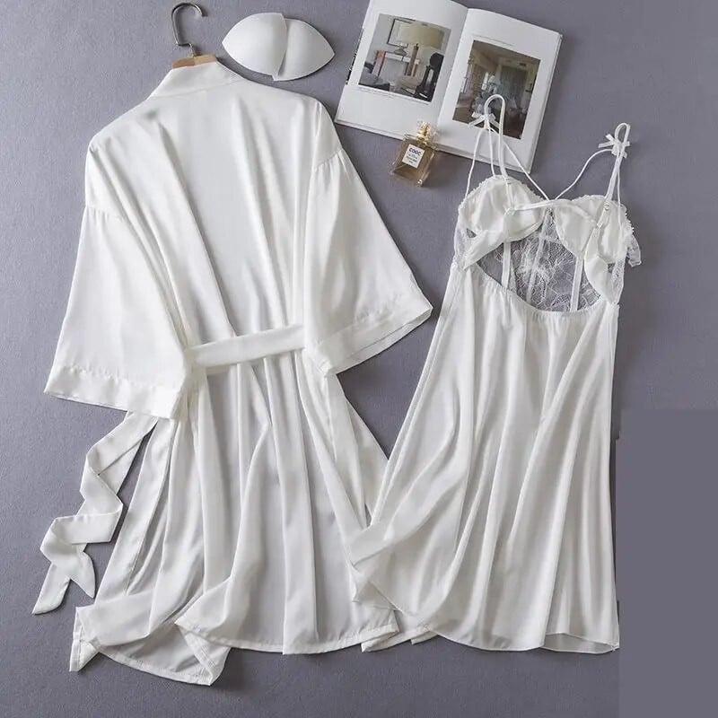 Női menyasszony 2 db Csipke köntös ruha szett Nappaliruha Kimonó Fürdőköpeny Hálóruha Hálóruha Nyári Új Hálóruha Hálóing Fehérnemű