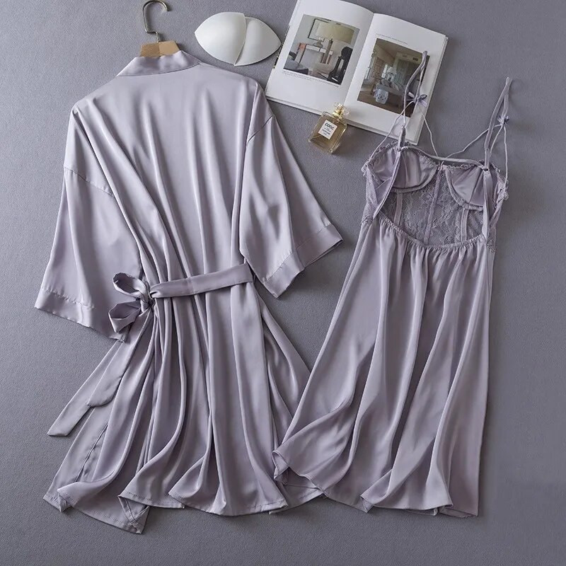 Női menyasszony 2 db Csipke köntös ruha szett Nappaliruha Kimonó Fürdőköpeny Hálóruha Hálóruha Nyári Új Hálóruha Hálóing Fehérnemű