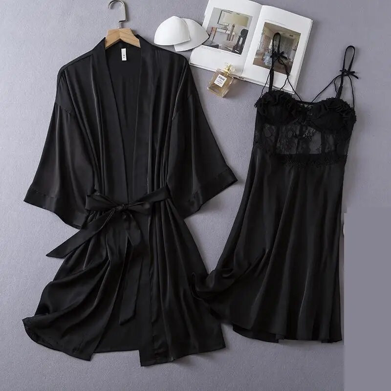 Női menyasszony 2 db Csipke köntös ruha szett Nappaliruha Kimonó Fürdőköpeny Hálóruha Hálóruha Nyári Új Hálóruha Hálóing Fehérnemű