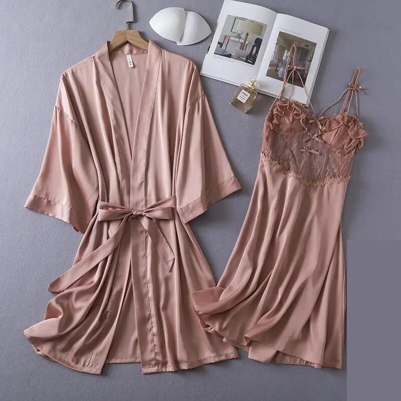 Női menyasszony 2 db Csipke köntös ruha szett Nappaliruha Kimonó Fürdőköpeny Hálóruha Hálóruha Nyári Új Hálóruha Hálóing Fehérnemű