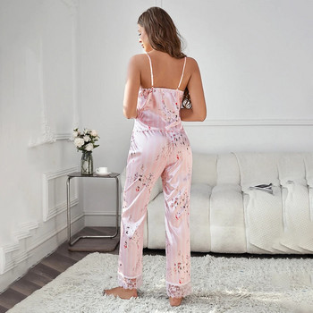 Σέξι φλοράλ στάμπα παντελόνι σατέν Σέξι πιτζάμες δαντέλα πιτζάμες με παντελόνι φαρδιά σπαγγέτι λουράκι οικεία γυναικεία εσώρουχα