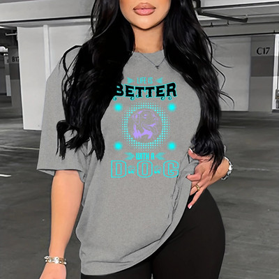 Γυναικείο μπλουζάκι με κοντό μανίκι σε μεγάλο μέγεθος, βαμβακερό, Fashion Plus μοτίβο γράμματος για σκύλο θερμικής μεταφοράς 3D, casual μπλουζάκι, καλοκαίρι