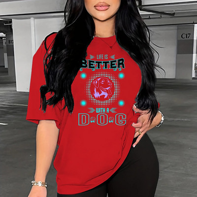 Γυναικείο μπλουζάκι με κοντό μανίκι σε μεγάλο μέγεθος, βαμβακερό, Fashion Plus μοτίβο γράμματος για σκύλο θερμικής μεταφοράς 3D, casual μπλουζάκι, καλοκαίρι