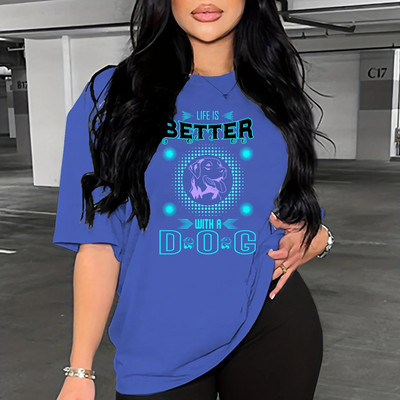 Γυναικείο μπλουζάκι με κοντό μανίκι σε μεγάλο μέγεθος, βαμβακερό, Fashion Plus μοτίβο γράμματος για σκύλο θερμικής μεταφοράς 3D, casual μπλουζάκι, καλοκαίρι