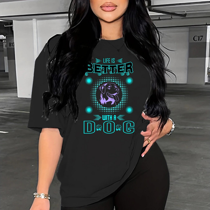 Γυναικείο μπλουζάκι με κοντό μανίκι σε μεγάλο μέγεθος, βαμβακερό, Fashion Plus μοτίβο γράμματος για σκύλο θερμικής μεταφοράς 3D, casual μπλουζάκι, καλοκαίρι