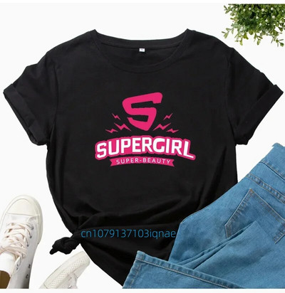 Supergirl Print Plus Size női póló rövid ujjú, nyakú, bő női póló női póló felsők Ruhák Camisetas Mujer
