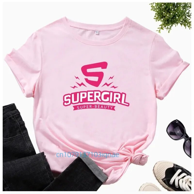 Supergirl Print Plus Size női póló rövid ujjú, nyakú, bő női póló női póló felsők Ruhák Camisetas Mujer