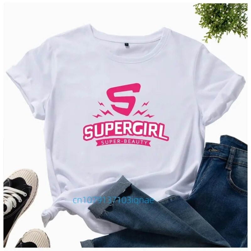 Supergirl Print Plus Size női póló rövid ujjú, nyakú, bő női póló női póló felsők Ruhák Camisetas Mujer