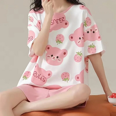Ženska pidžama Ljetna japanska Kawaii pidžama Pidžama s printom medvjedića Tinejdžerke Okrugli izrez Kućna odjeća Postupna promjena Odjeća za spavanje