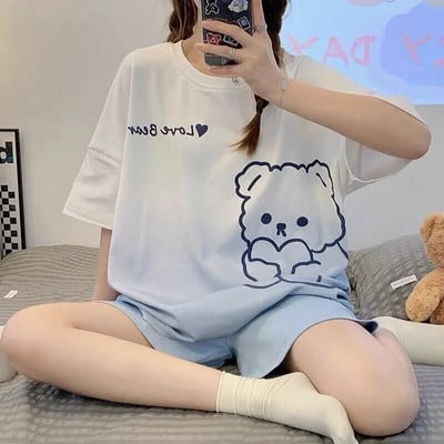 Ženska pidžama Ljetna japanska Kawaii pidžama Pidžama s printom medvjedića Tinejdžerke Okrugli izrez Kućna odjeća Postupna promjena Odjeća za spavanje