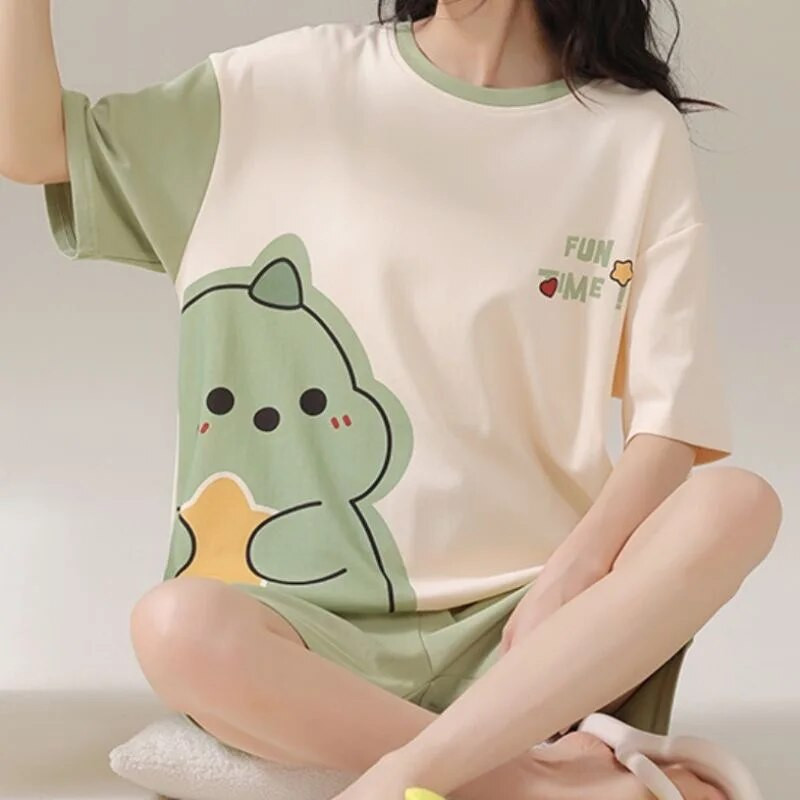 Ženska pidžama Ljetna japanska Kawaii pidžama Pidžama s printom medvjedića Tinejdžerke Okrugli izrez Kućna odjeća Postupna promjena Odjeća za spavanje