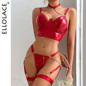 Ellolace Piele Fetish Lenjerie Cu Lant Exotic Hot Sexy Bilizna Set Halter Sutien Kit Push Up Latex Red Sensual Intimate