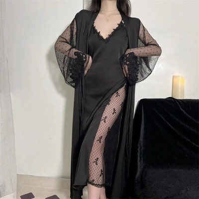 Γυναικεία μακρύ σετ ρόμπα κιμονό με λαιμόκοψη V-λαιμόκοψη Σέξι νυχτικά νυχτικά Lace Hollow Out Νυχτικό Σαλόνια