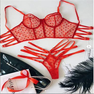 Szexi női fehérnemű szett Légáteresztő bralette szexi alsónadrággal Polka Dot áttetsző hálós fehérnemű szett melltartó + rövid szettek G-String