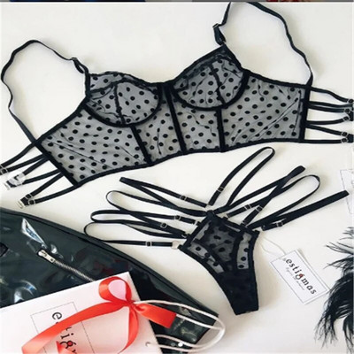 Szexi női fehérnemű szett Légáteresztő bralette szexi alsónadrággal Polka Dot áttetsző hálós fehérnemű szett melltartó + rövid szettek G-String
