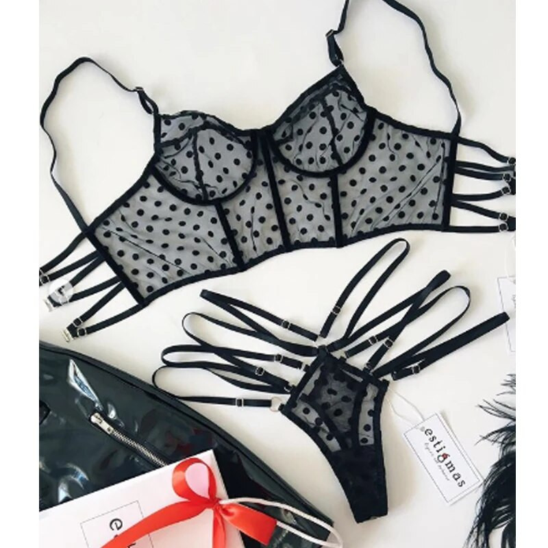 Szexi női fehérnemű szett Légáteresztő bralette szexi alsónadrággal Polka Dot áttetsző hálós fehérnemű szett melltartó + rövid szettek G-String