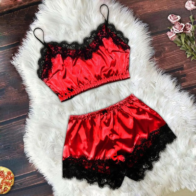 New In Sexy Lingerie For Women Plus Size Satin Lace Camisole With Bow Shorts Pajamas Lingerie Sleepwear Set Women`s lingerie