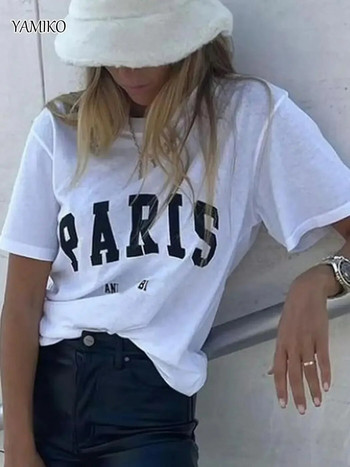 Големи размери Тениска с печат на надпис с букви Бяла памучна лятна тениска Ежедневна топ Femme Модни улични тениски Пуловери с О-образно деколте