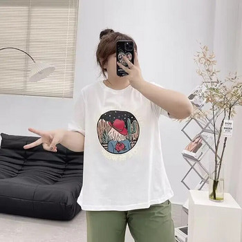 New Plus Size 200KG Γυναικείο μπλουζάκι Βαμβακερό πουκάμισο με κάτω μέρος Street Fashion Printing κοντομάνικο μπλουζάκι ελαστικό εκατό T-shirt