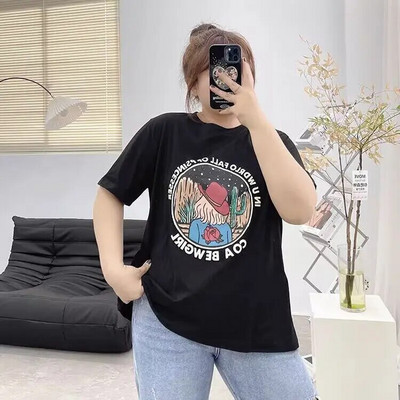 Nauji didelio dydžio 200 kg Moteriški marškinėliai Medvilniniai apatiniai marškinėliai Street Fashion Printing Trumpomis rankovėmis marškinėliai Elastingi šimto marškinėliai