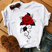 Plus SizeFashion Ženska majica kratkih rukava s otisnutim ružama Dnevna ležerna majica kratkih rukava Ljetna s okruglim izrezom Jednostavna ulična ženska odjeća