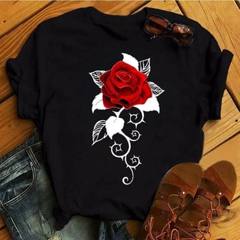 Плюс размер Модна дамска тениска с щампа на рози Ежедневна ежедневна тениска с къс ръкав Лятна тениска с кръгло деколте Семпло улично дамско облекло