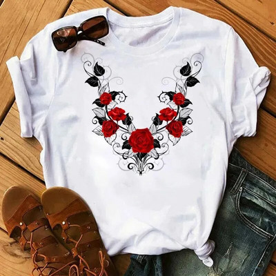 Plus SizeFashion Ženska majica kratkih rukava s otisnutim ružama Dnevna ležerna majica kratkih rukava Ljetna s okruglim izrezom Jednostavna ulična ženska odjeća