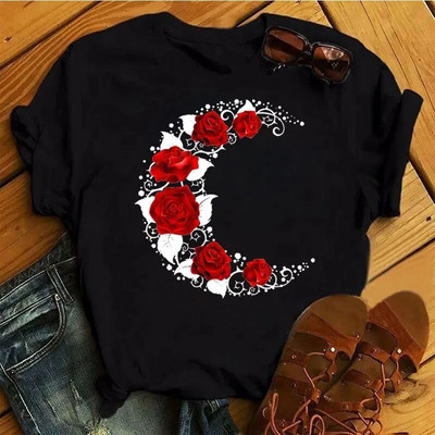 Plus SizeFashion Ženska majica kratkih rukava s otisnutim ružama Dnevna ležerna majica kratkih rukava Ljetna s okruglim izrezom Jednostavna ulična ženska odjeća