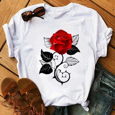 Plus SizeFashion Ženska majica kratkih rukava s otisnutim ružama Dnevna ležerna majica kratkih rukava Ljetna s okruglim izrezom Jednostavna ulična ženska odjeća