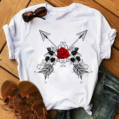 Plus SizeFashion Ženska majica kratkih rukava s otisnutim ružama Dnevna ležerna majica kratkih rukava Ljetna s okruglim izrezom Jednostavna ulična ženska odjeća