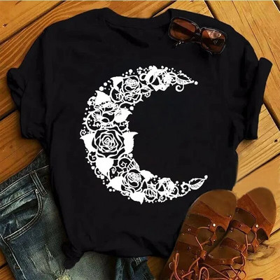 Plus SizeFashion Ženska majica kratkih rukava s otisnutim ružama Dnevna ležerna majica kratkih rukava Ljetna s okruglim izrezom Jednostavna ulična ženska odjeća