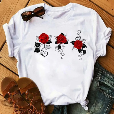 Plus SizeFashion Ženska majica kratkih rukava s otisnutim ružama Dnevna ležerna majica kratkih rukava Ljetna s okruglim izrezom Jednostavna ulična ženska odjeća
