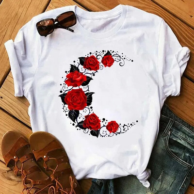 Plus SizeFashion Ženska majica kratkih rukava s otisnutim ružama Dnevna ležerna majica kratkih rukava Ljetna s okruglim izrezom Jednostavna ulična ženska odjeća
