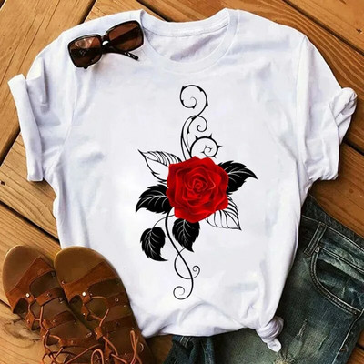 Plus SizeFashion Ženska majica kratkih rukava s otisnutim ružama Dnevna ležerna majica kratkih rukava Ljetna s okruglim izrezom Jednostavna ulična ženska odjeća